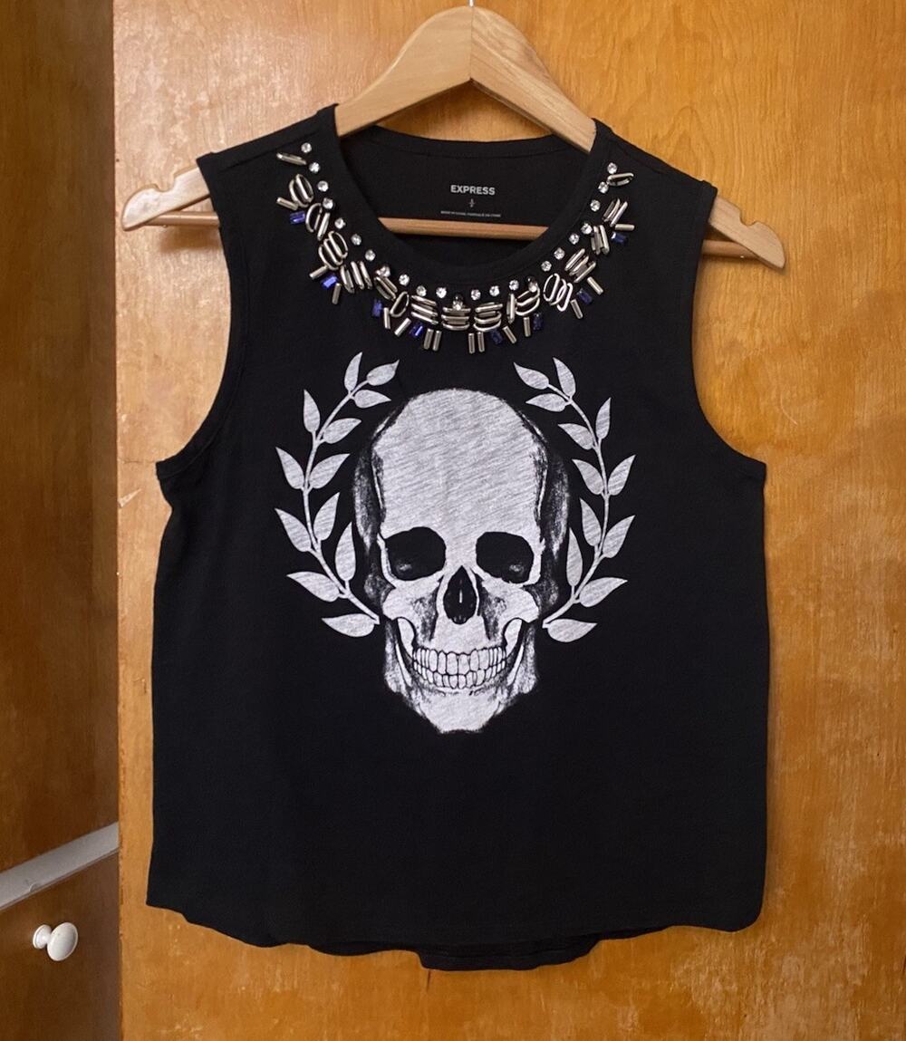 Vintage Y2K Express Graphic Tank Top Indie Sleaze Skulls Studded Sz S Alt Goth
